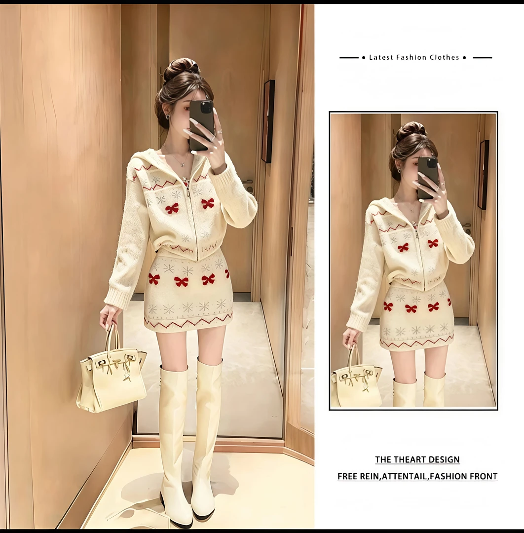 两件套韩系秋冬chic针织套装女2025新款圣诞风针织上衣减龄半身裙