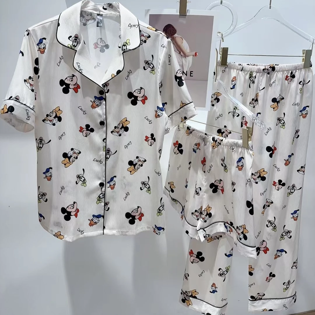 QiXin家夏季卡通睡衣女短袖家居服可爱唐老鸭米奇冰丝套装~