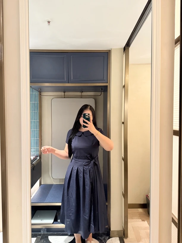 夏季2025新款法式系带娃娃领长裙收腰显瘦高级感大码连衣裙