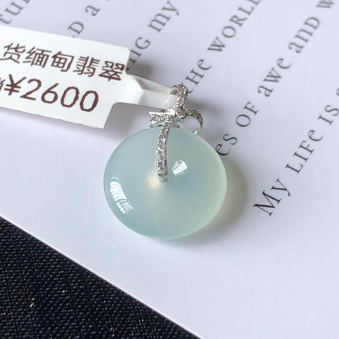 缅甸天然A货翡翠18k金镶嵌老坑冰种平安扣吊坠尺寸20/14.2/4.6