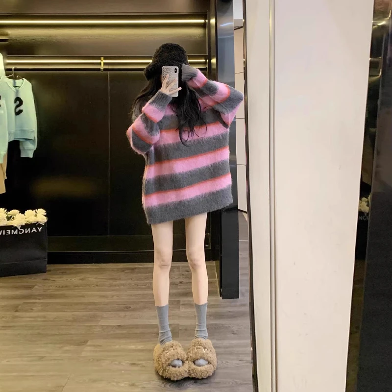 网红慵懒风条纹毛衣女款爆款2025新款洋气宽松针织独特漂亮小衫潮