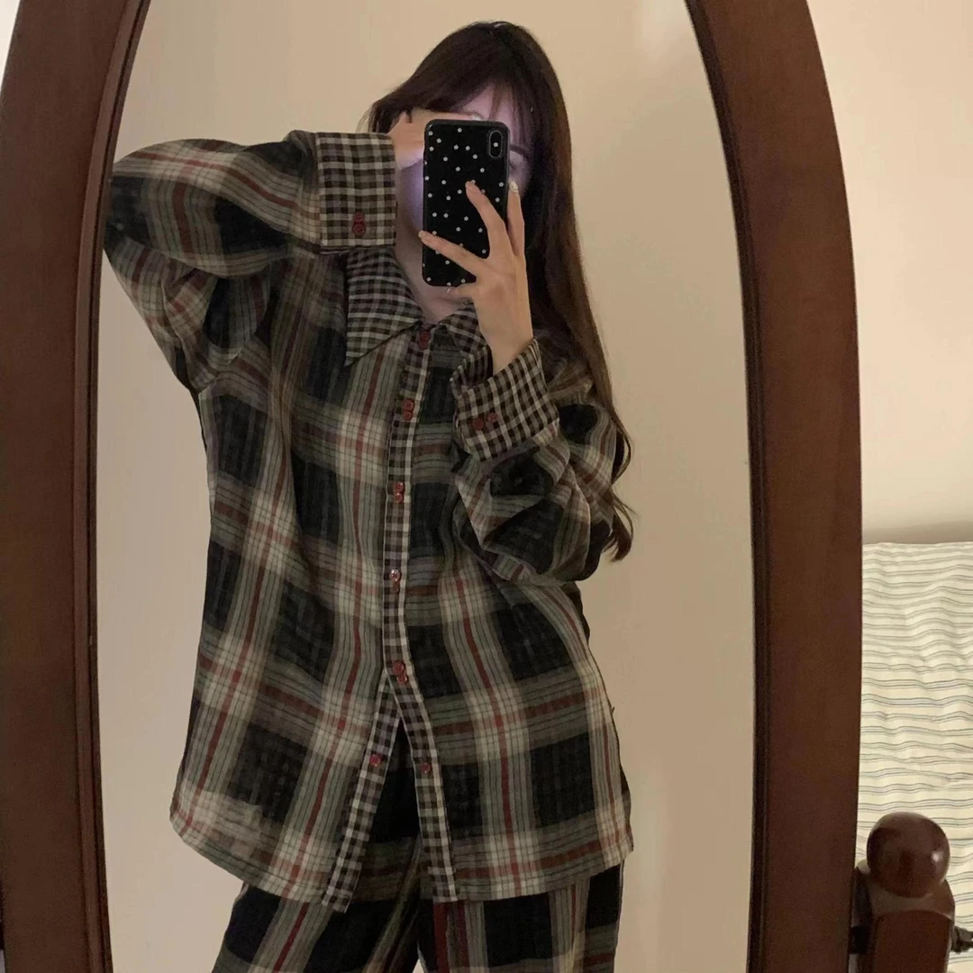 LAK-格纹撞色衬衫高级感休闲可外穿家居服套装A932