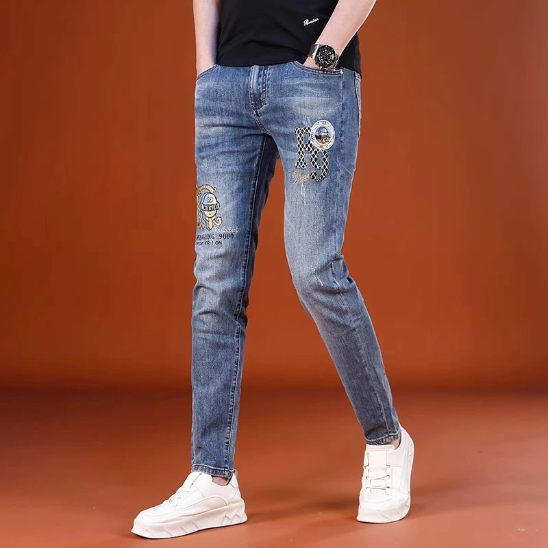 Cebrodz2025新款高端刺绣牛仔裤夏季薄款男休闲弹力修身小脚长裤