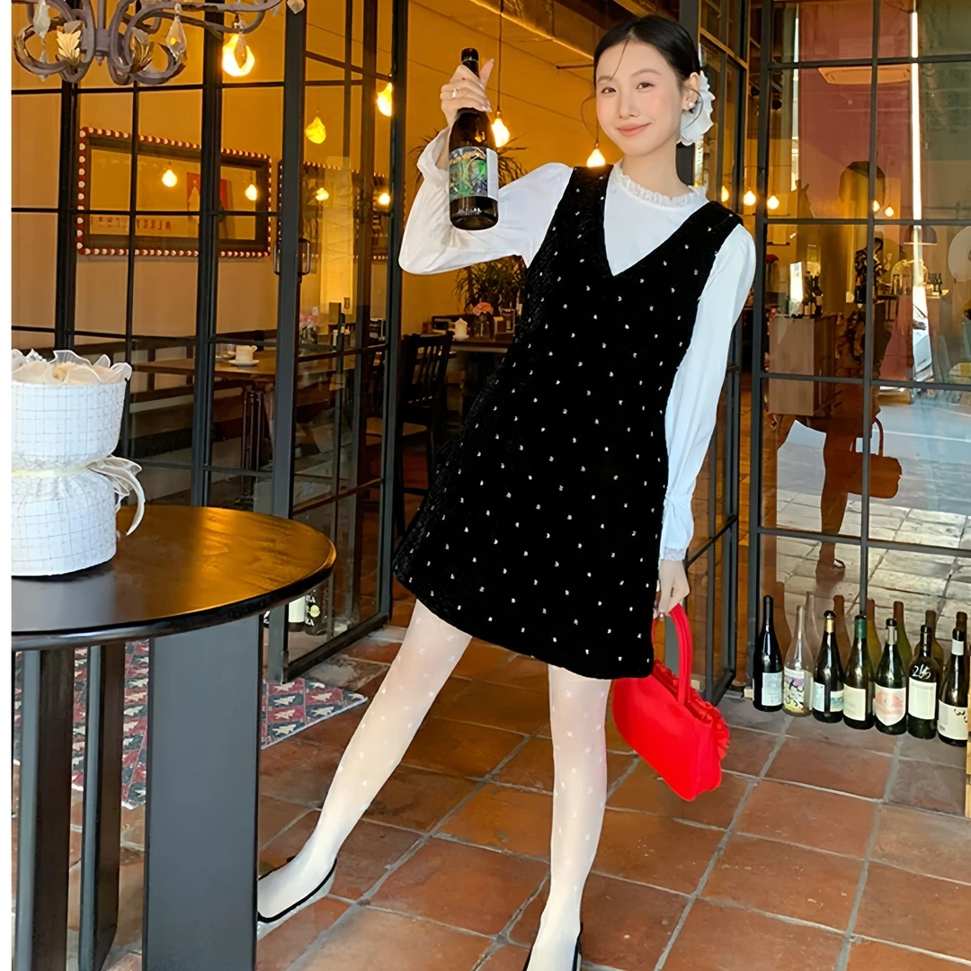 冬新款法式温柔小香风烫钻丝绒背心连衣裙+蕾丝花边小衫气质套装