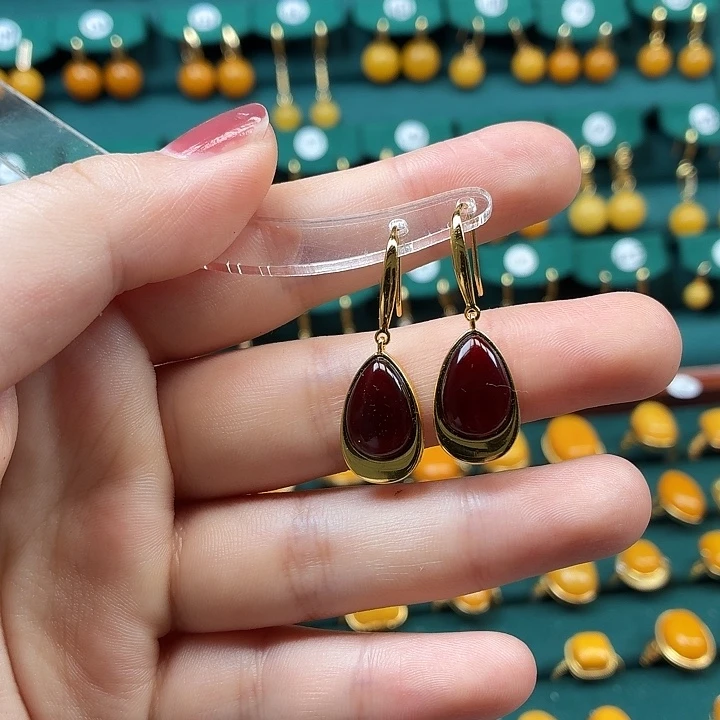 琥珀银S925镶嵌耳饰