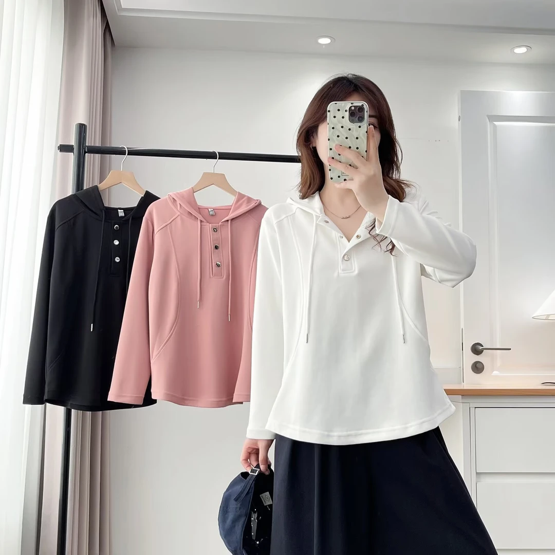 大码减龄连帽常规款简约T恤纯色休闲拼接宽松型长袖