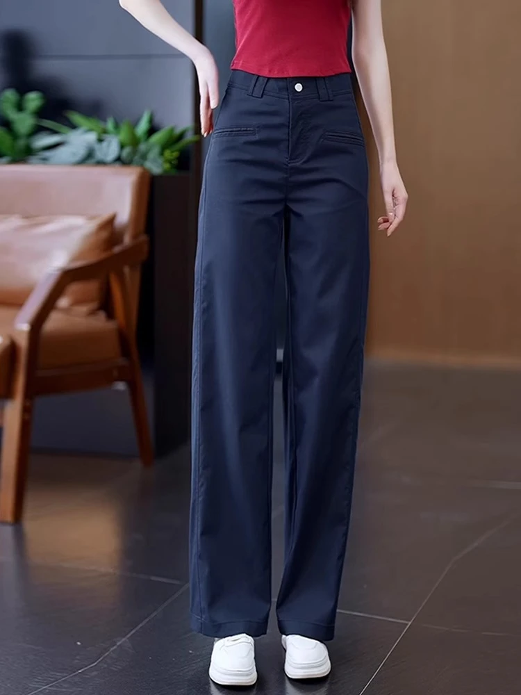 藏青色窄版阔腿裤女夏季薄款2025新款高腰垂感显瘦宽松直筒西装裤