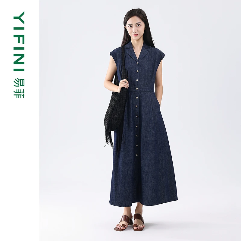 【Yifini】秋季新款衬衫式盖袖收腰气质牛仔连衣裙D07Y3902