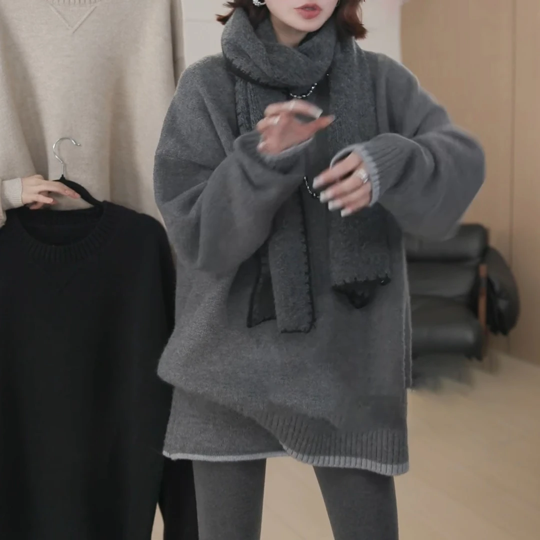 2024冬季新款设计感撞色显瘦高级宽松慵懒毛衣+短裙套装LK2501027