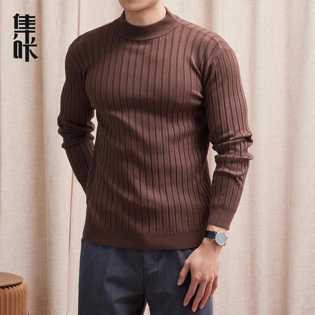 半高领毛衣男款春秋冬季高档修身男士条纹针织衫中领内搭打底衫男