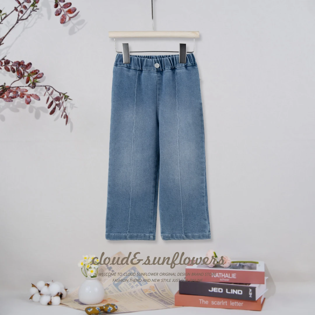 【云朵小葵】女童高级磨白一粒扣中拼休闲牛仔裤28559