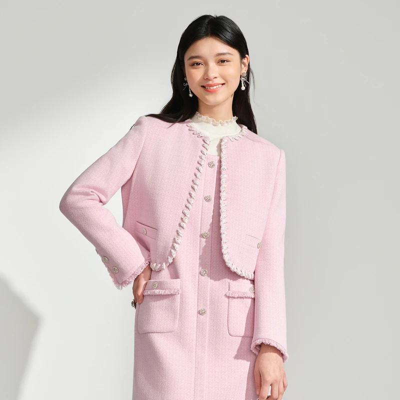 【千颂妮专享】DOUBLOVE芭比小香风羊毛粗花呢短外套圆领甜美