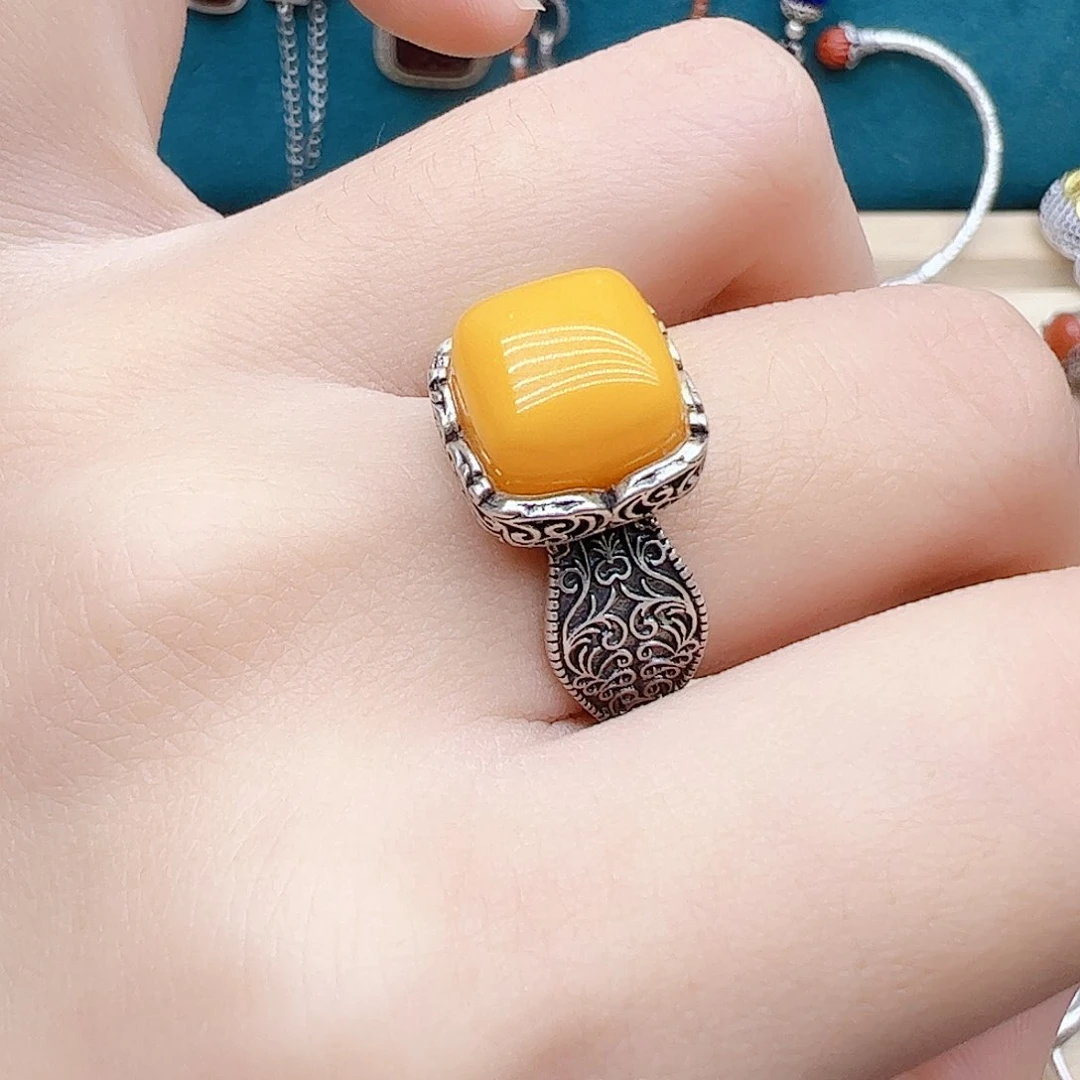 蜜蜡戒指银S925镶嵌天然