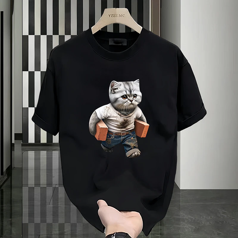 潮男印花猫咪半袖潮流宽松圆领T恤时尚短袖凉快休闲百搭个性夏季