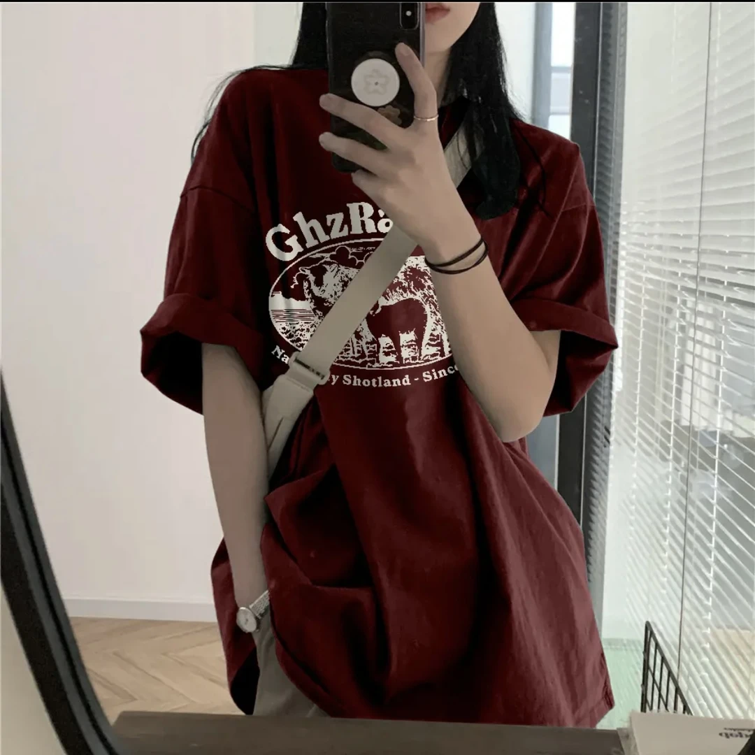 酒红纯棉t恤女夏季宽松超火设计感小众独特别致半身失踪