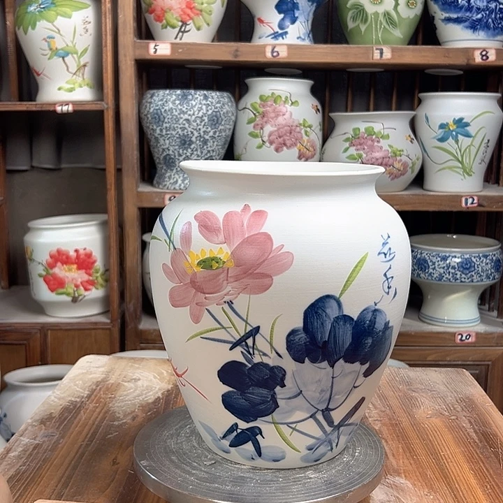 陶瓷高26口18.5青花荷花新款陶瓷陶瓷陶瓷