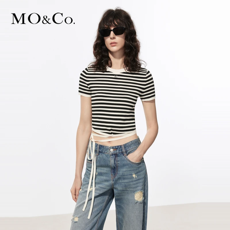 【艾钱钱精选】MOCO夏黑白条纹合身短款绑带正肩短袖T恤MBD2SWTT02