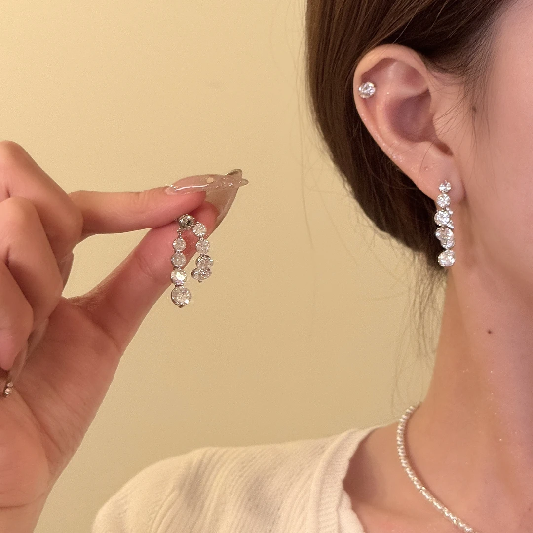 铜合金锆石耳饰 美人落泪 爆闪锆石后挂式流苏耳环轻奢时尚耳饰女