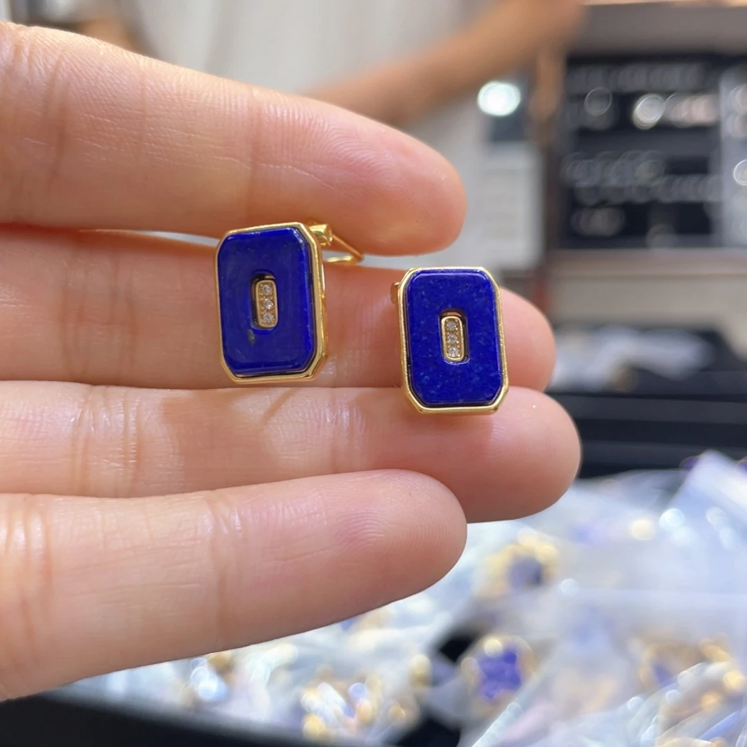 青金石银S925镶嵌耳饰高13.3 宽9.5