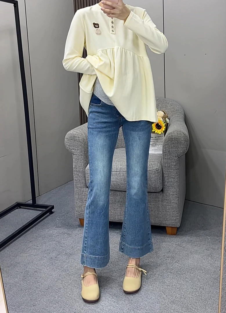 【雅妃家】九分孕妇喇叭裤秋季上新修身弹力微喇裤高腰托腹牛仔裤子