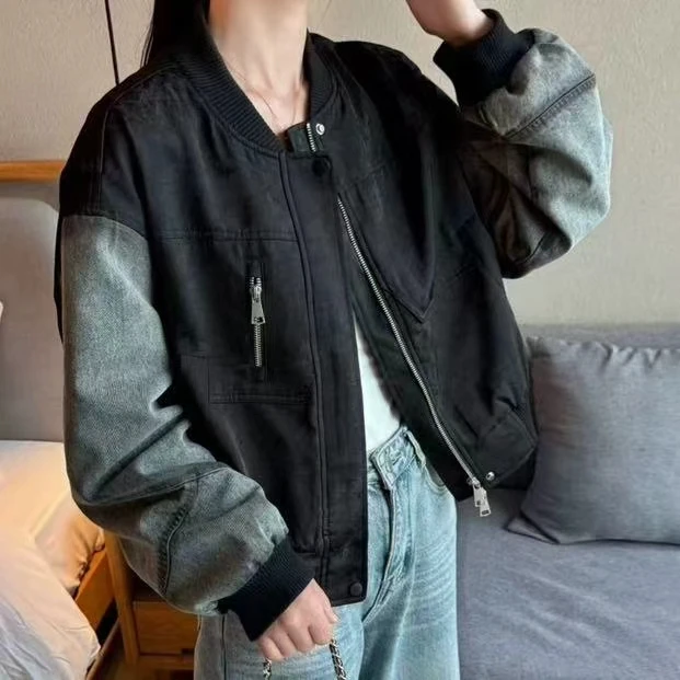 时尚女牛仔女装撞色女士春秋短外套春季蝙蝠袖拼接做旧短款