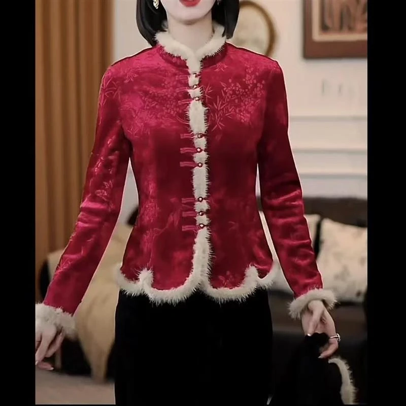 秋冬款中式加绒打底衫外套女复古红色修身加厚显瘦气质妈妈上衣女