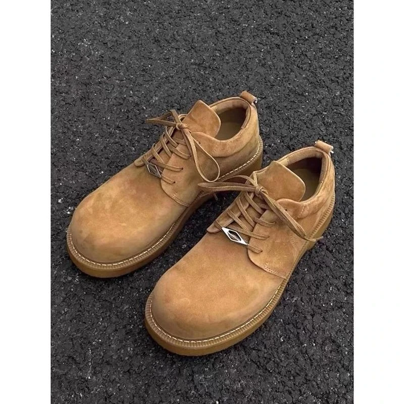 夏季款反绒皮德比鞋复古休闲皮鞋厚底增高低帮大黄靴大头鞋男潮牌
