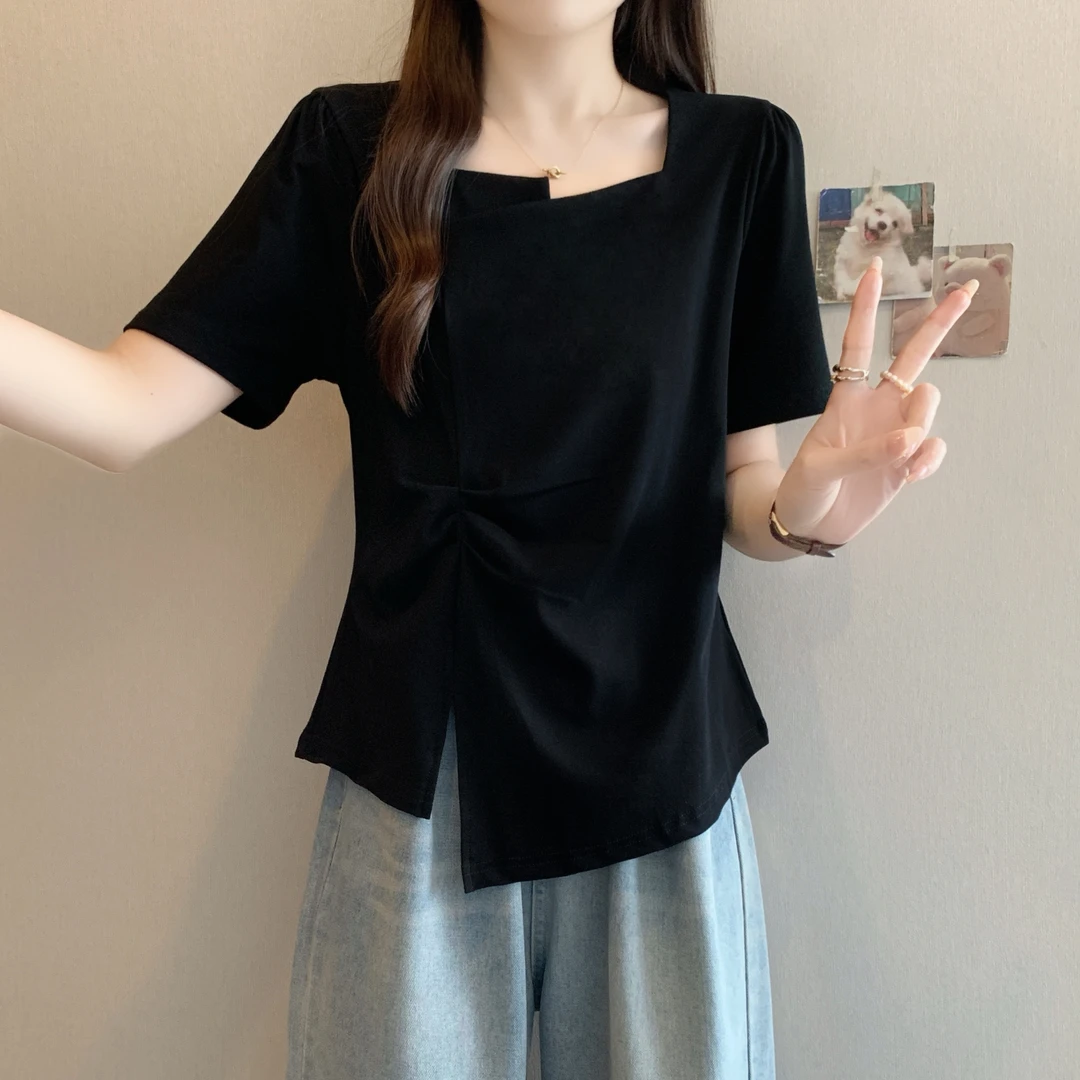 不规则方领正肩短袖T恤女夏季大码胖mm显瘦遮肚子褶皱设计感上衣