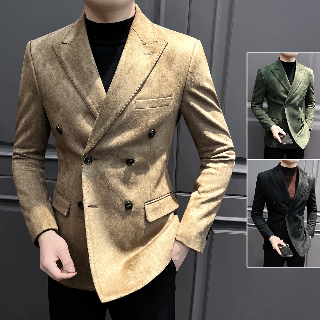 鹿皮绒西装外套男款戗驳领痞帅高级感秋冬休闲双排扣男士单件西服