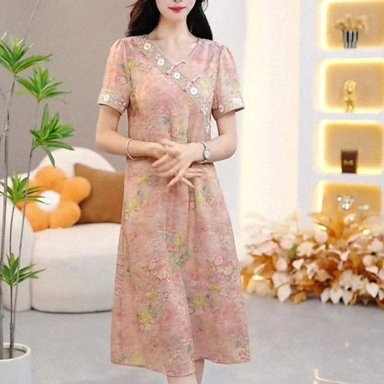 妈妈连衣裙夏装短袖2025新款中年气质新中式洋气遮肚国风裙子薄款