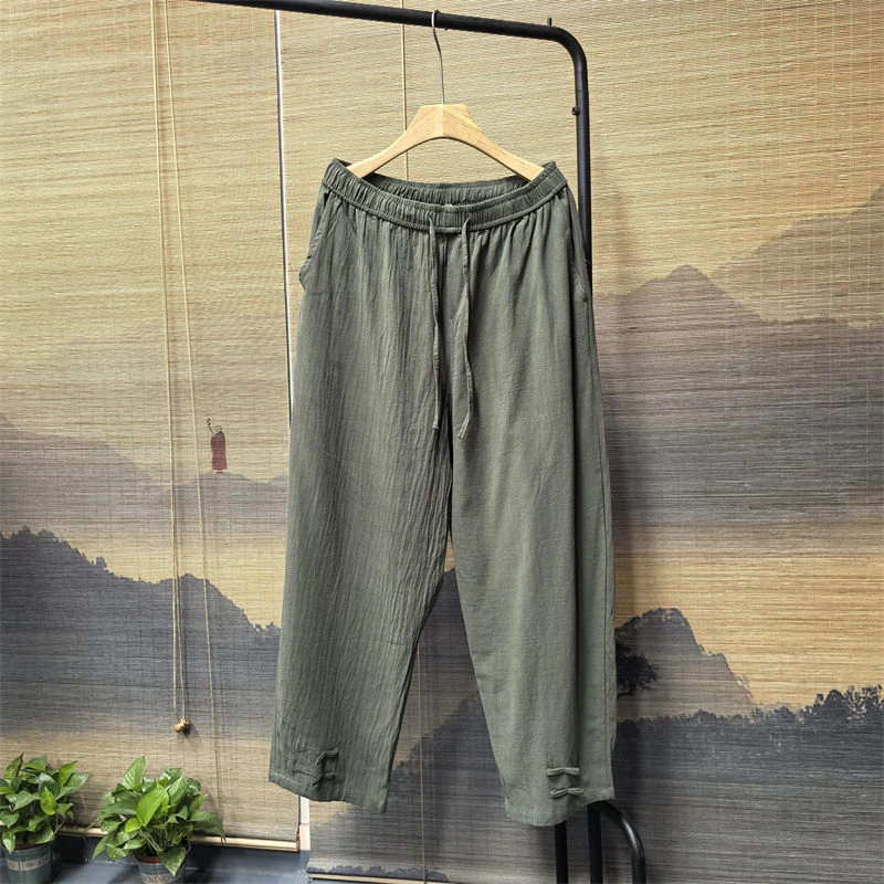 25A13A5夏季新款棉麻休闲裤大码宽松阔腿裤中国风盘扣束脚灯笼裤
