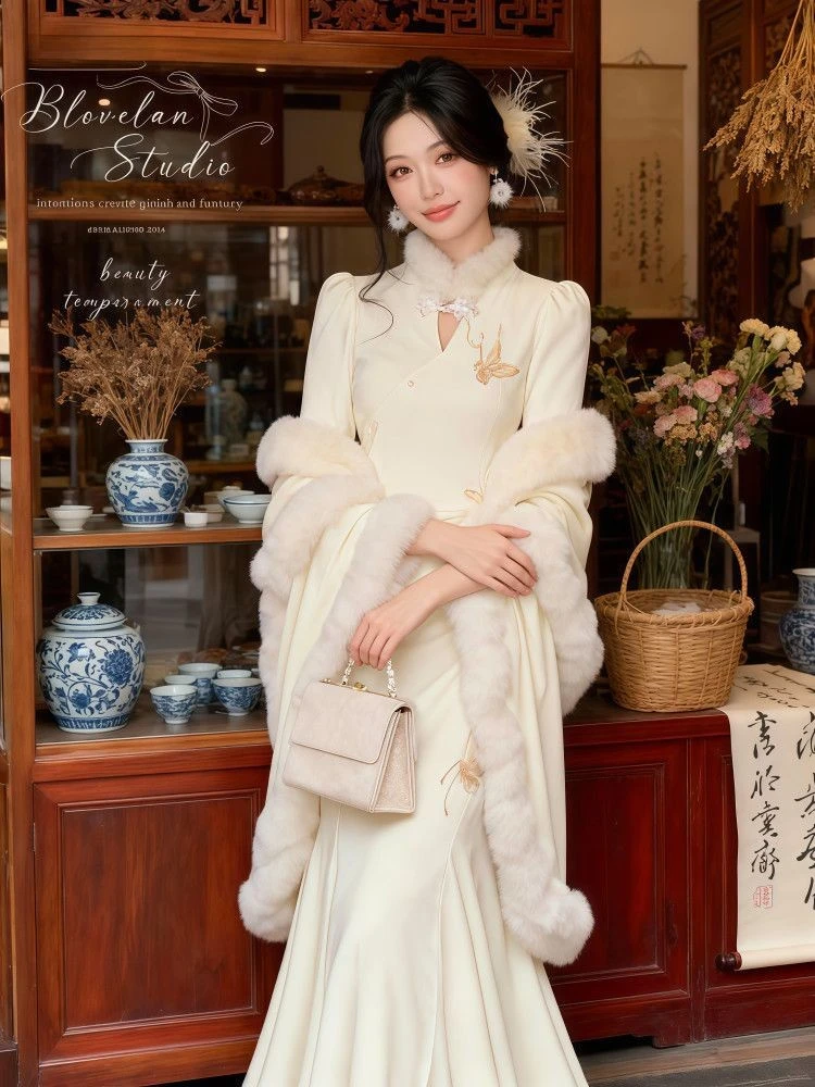 【白羽玲珑 】高级感新中式国风收腰鱼尾旗袍长裙贵气保暖大斗篷