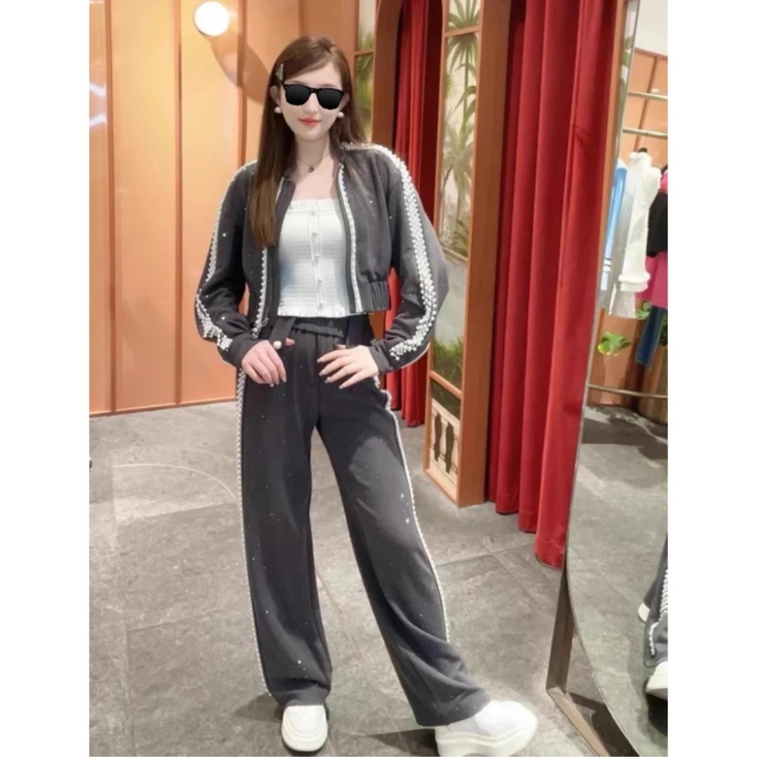 卡莉高定no退no换 重工钉珠高级感灰色休闲外套长裤