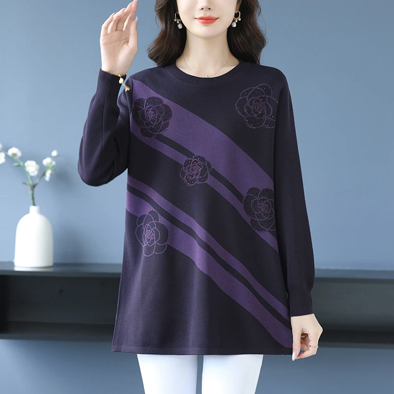 打底衫女秋冬中长款胖妈妈加肥加大码上衣2025年新款时尚烫钻毛衣