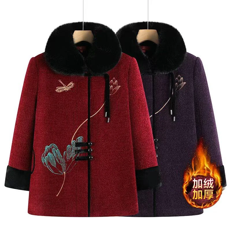 冬季棉衣保暖中老年女装外套老人加绒加厚上衣洋气中长款妈妈装