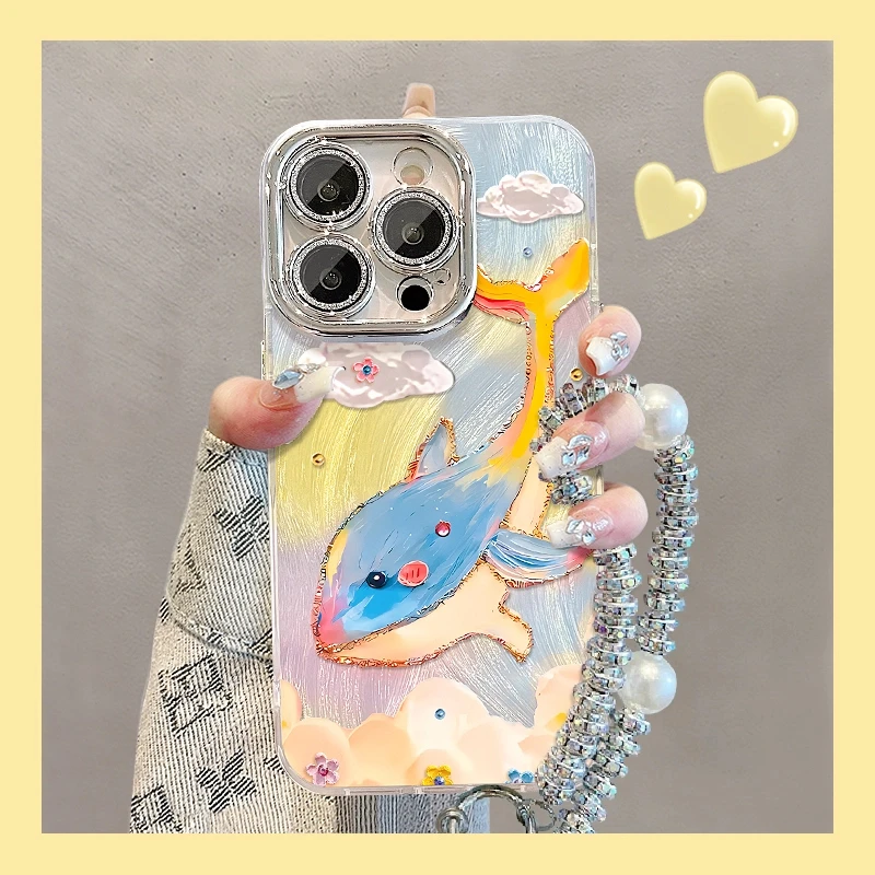 云朵海豚适用苹果15华为vivo/oppo小米iPhone16精孔羽纱纹手机壳