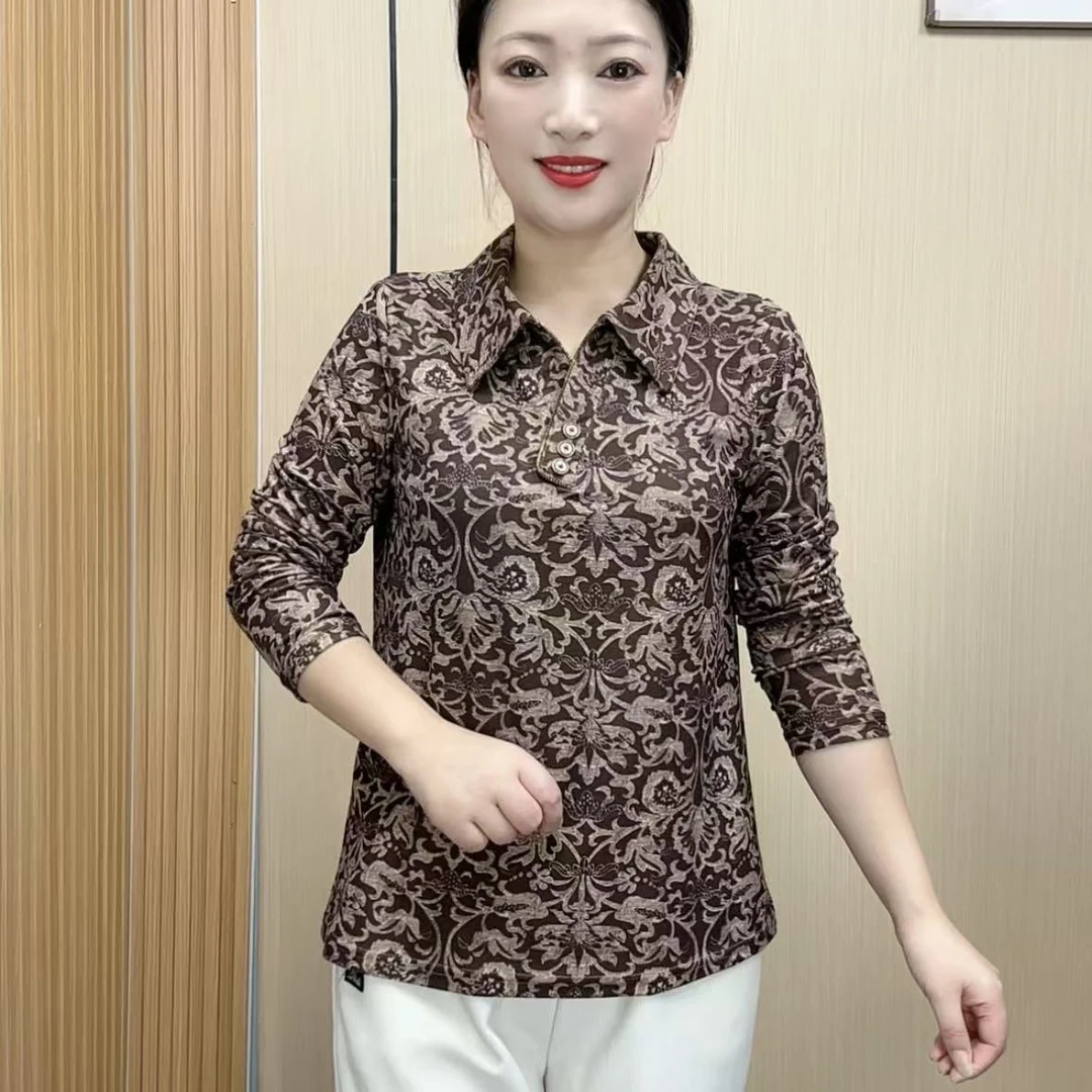 秋季新款女士长袖洋气V领弹力大码显瘦妈妈装上衣