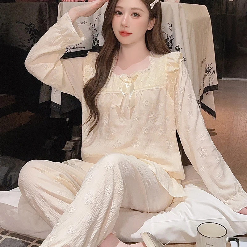 【星】甜美公主风纯色系薄款长袖长裤睡衣女家居服套装5058