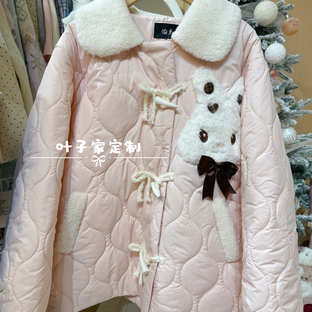 W【青苍现货】【8861】大码甜妹冬胖mm牛角扣蝴蝶结可爱夹棉加厚外套