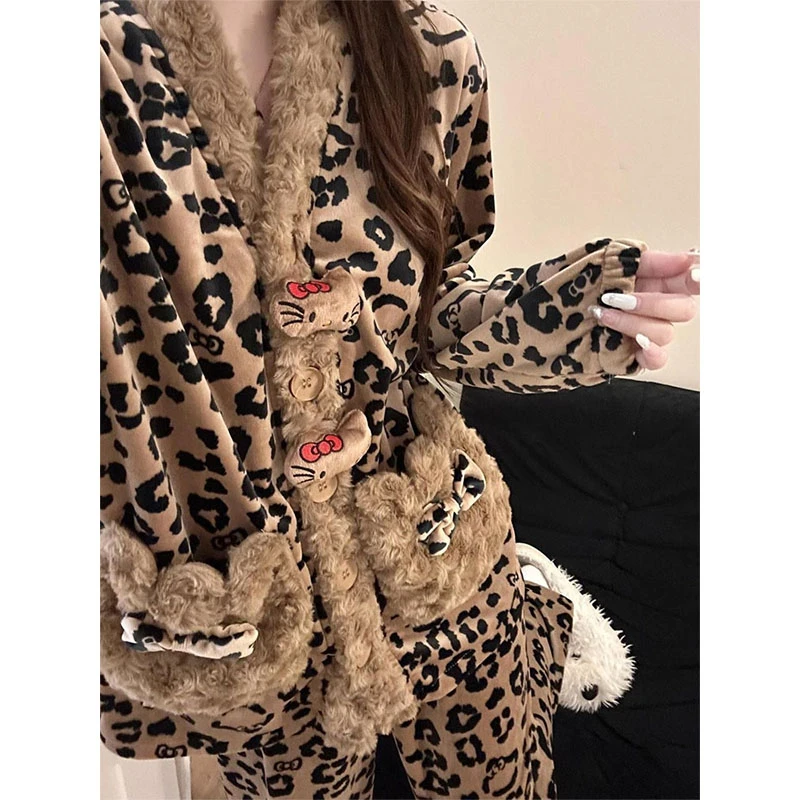 韩系高级感豹纹珊瑚绒睡衣女款秋冬天季加绒加厚可外穿家居服套装