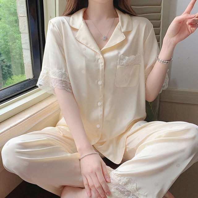 冰丝睡衣女夏季短袖长裤薄款甜美波点蕾丝花边女士年轻居家服套装
