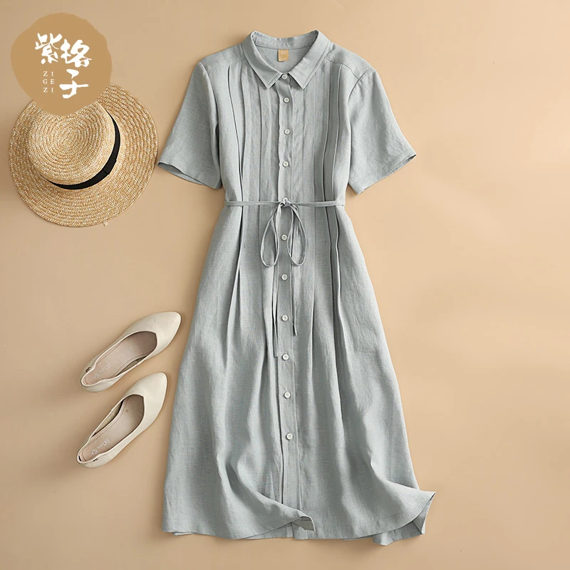 春夏新款亚麻连衣裙时尚显瘦收腰中长裙夏季简约纯亚麻短袖裙子女