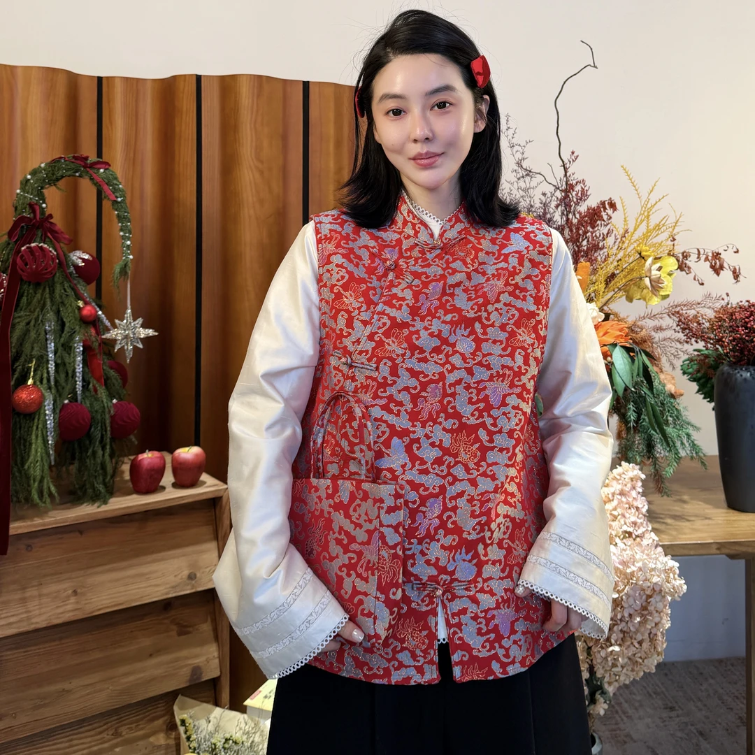 【红金鱼闹彩蝶】新中裳-原创高定新中式国潮国风斜襟立领宋锦马夹