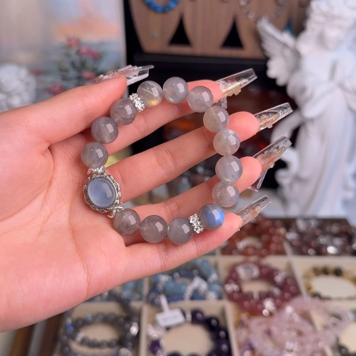 水晶手串18K金镶嵌灰月光