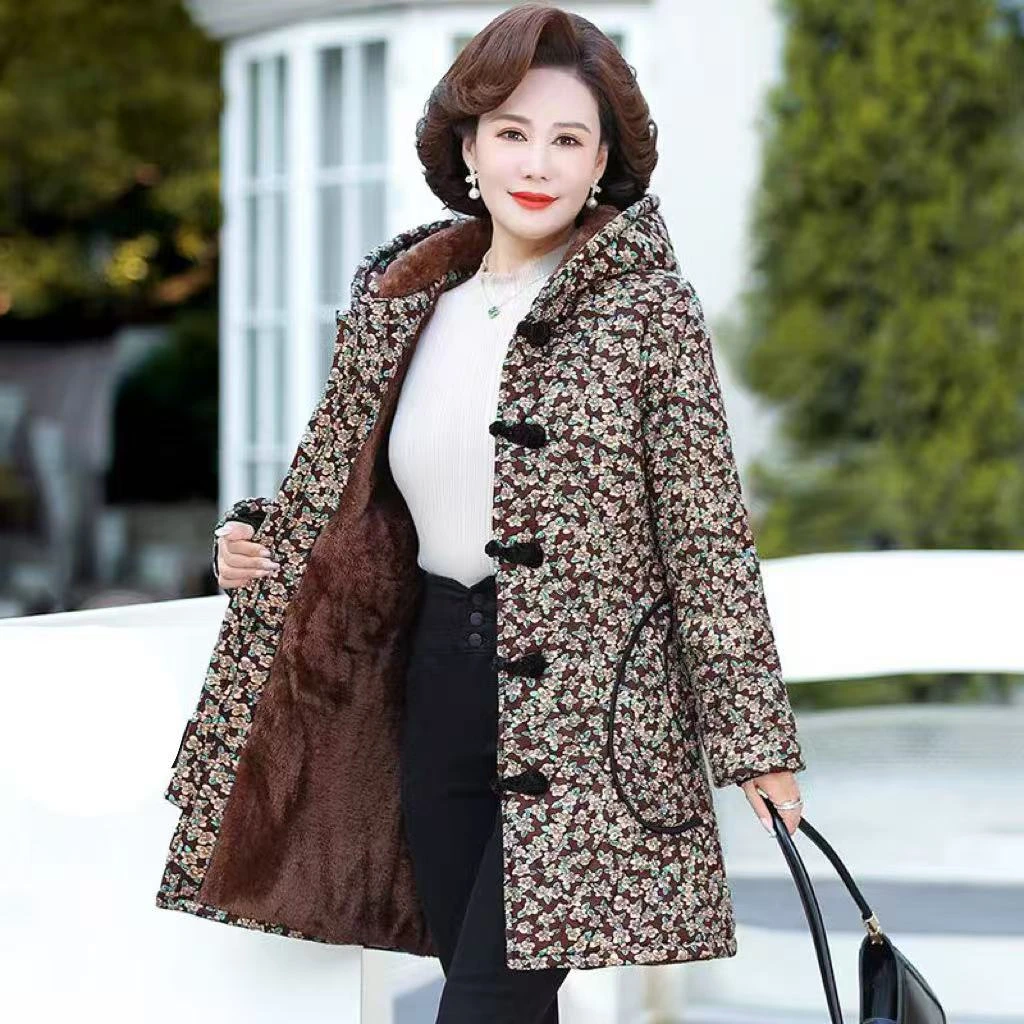 7818-秋冬新款中老年女装妈妈装连帽加绒保暖外套【老仓库二楼】