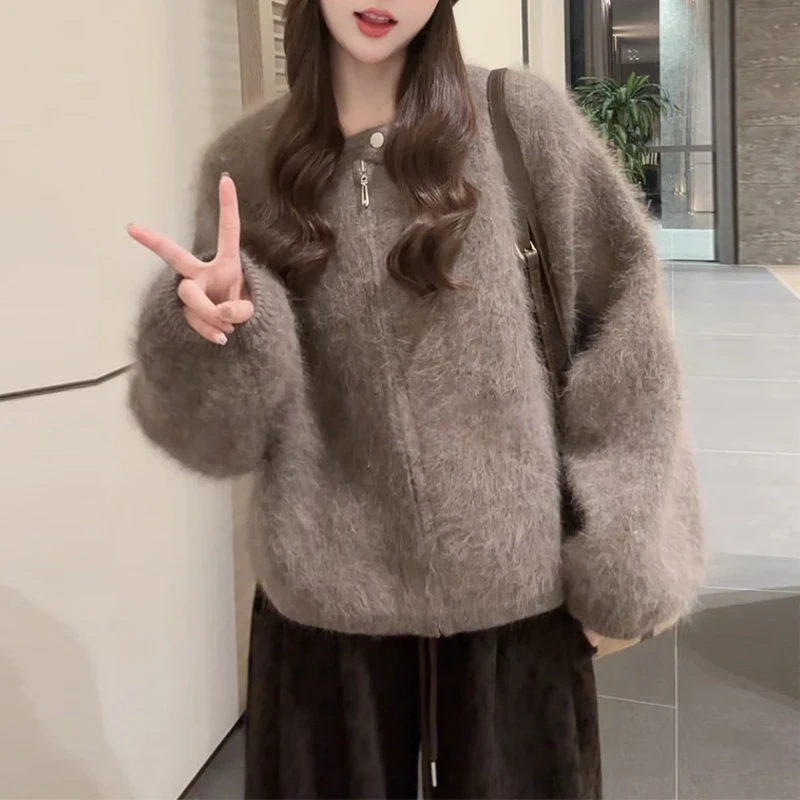 温柔风氛围感宽松开衫上衣女2025冬季新款拉链设计感针织纯色外套