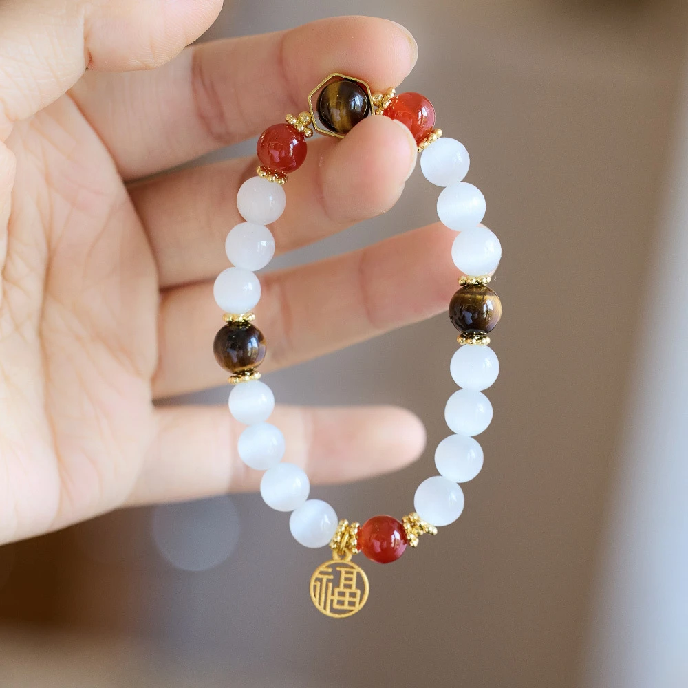 猫眼石手链女天然虎眼石六边形福牌手串小众轻奢七夕礼物送女友