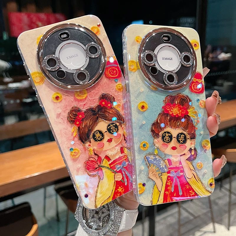 适用华为Mate70系列新款手机壳国风富婆女孩全包闪粉镜头膜保护套