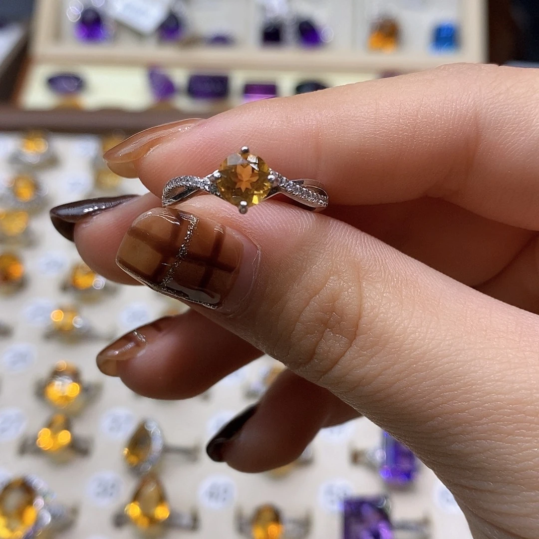 戒指水晶银S925镶嵌纯天然黄水晶戒指J