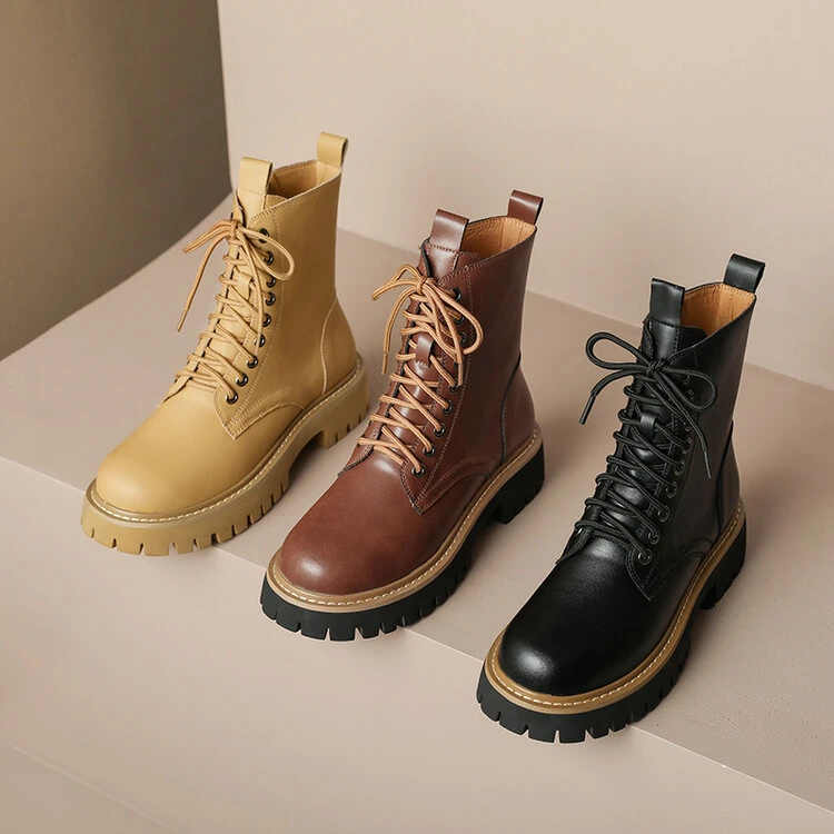真皮沙漠靴女复古粗拉链马丁靴女2025秋冬新款圆头厚底系带大黄靴